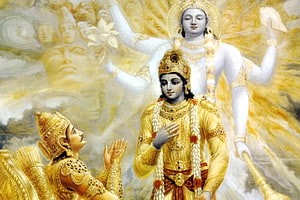 Krishna Reveals Virat Roop to Arjuna in Bhagavad Gita Divine Painting HD wallpaper