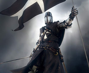 Medieval Knight in Full Plate Armor Holding a Banner Against a Stormy Sky HD wallpaper