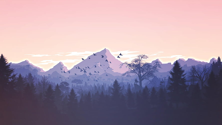 Minimalist Mountain Landscape at Dawn with Birds and Pine Forest Silhouette HD wallpaper