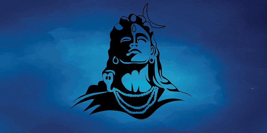 Lord Shiva Silhouette Portrait With Crescent Moon And Rudraksha Beads On Blue Background HD wallpaper