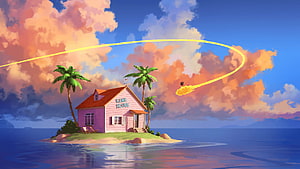 Kame House on a Tropical Island with a Meteor Streaking Across a Vibrant Sunset Sky HD wallpaper