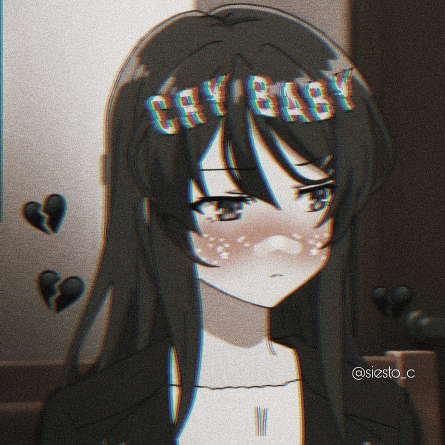 Sad Anime Girl with Glitch Effect and Broken Hearts HD phone wallpaper
