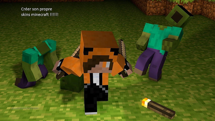 Minecraft Custom Skins Showdown With Zombies And A Torch On Grass HD wallpaper