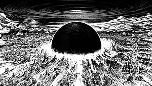 Akira Manga Black Sphere Over Ruined Cityscape in High Contrast Ink Illustration HD wallpaper