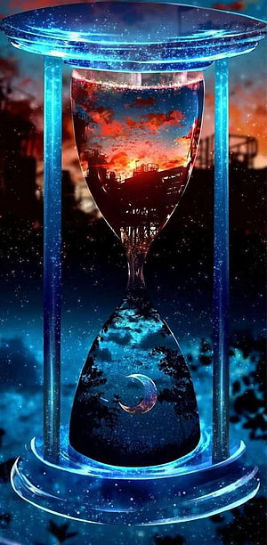 Glowing Hourglass with Sunset and Moon Scenes in Digital Art HD phone wallpaper