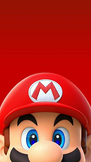 Super Mario Close-Up Portrait with Red Cap and Blue Eyes on Solid Red Background HD phone wallpaper