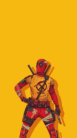 Deadpool in Yellow T-Shirt with Bandages and Dual Swords on Orange Background HD phone wallpaper