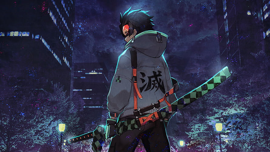 Tanjiro Kamado from Demon Slayer Standing in a Neon-Lit Cyberpunk City at Night HD wallpaper