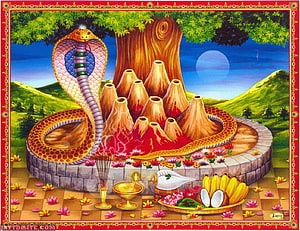 Naga Panchami Festival Illustration with Cobra, Volcanoes, and Ritual Offerings HD wallpaper