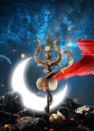 Lord Shiva Trishul and Crescent Moon on Rocky Terrain with Cosmic Background HD phone wallpaper