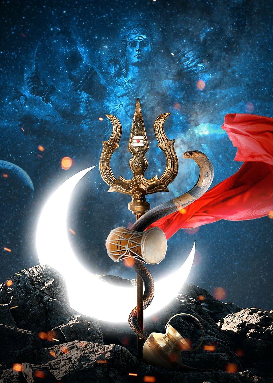 Lord Shiva Trishul and Crescent Moon on Rocky Terrain with Cosmic Background HD phone wallpaper