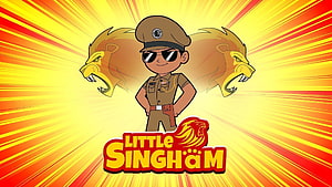 Little Singham Cartoon Character in Police Uniform with Lion Emblems and Radiant Background HD wallpaper