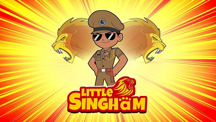 Little Singham Cartoon Character in Police Uniform with Lion Emblems and Radiant Background HD wallpaper