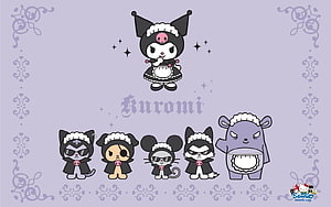 Kuromi and Friends in Cute Black and White Maid Outfits on Lavender Background HD wallpaper