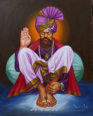 Shankar Maharaj Portrait Painting in Traditional Attire with Purple Turban and Halo HD phone wallpaper