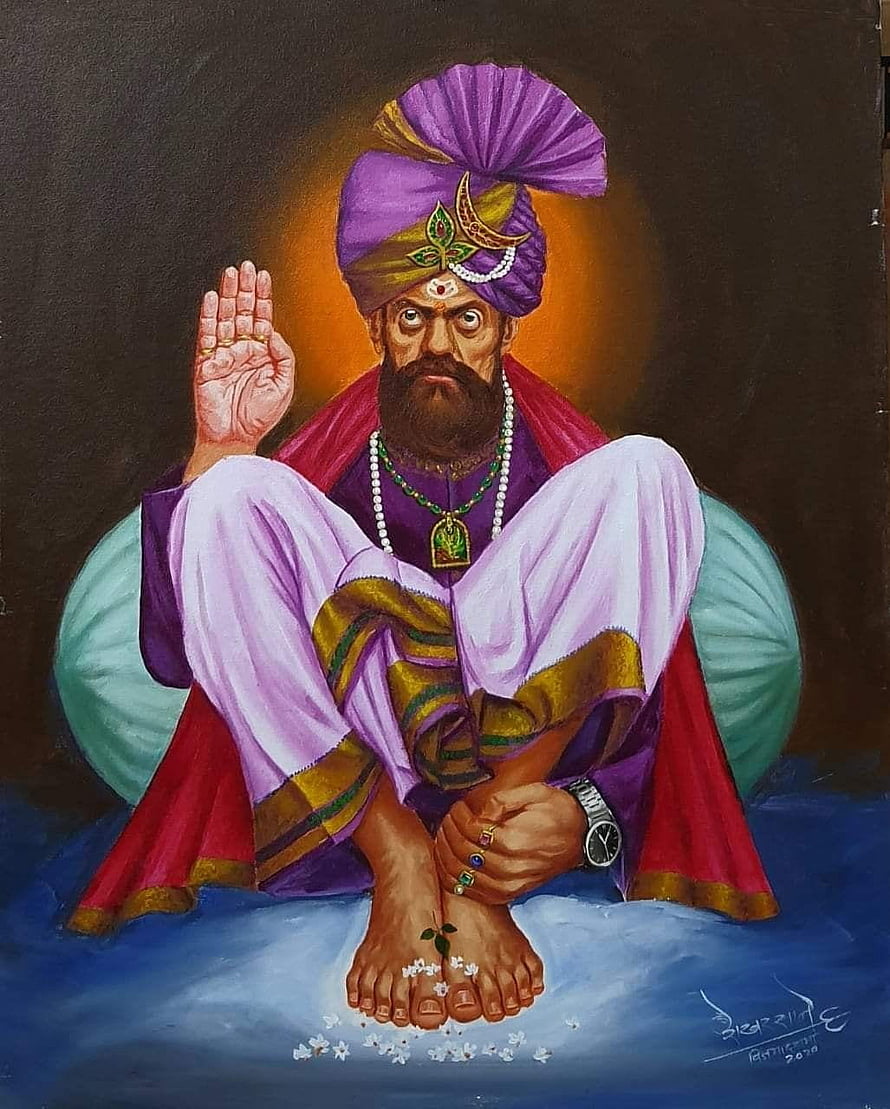 Shankar Maharaj Portrait Painting in Traditional Attire with Purple Turban and Halo HD phone wallpaper