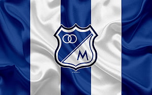 Millonarios FC Blue and White Striped Flag with Central Club Crest and Shield Emblem HD wallpaper