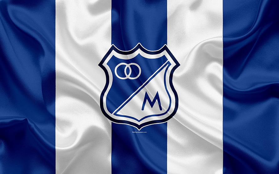 Millonarios FC Blue and White Striped Flag with Central Club Crest and Shield Emblem HD wallpaper