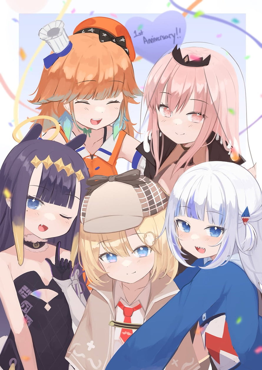 Hololive Myth and Hope Council Members Celebrating First Anniversary in Anime Style HD phone wallpaper