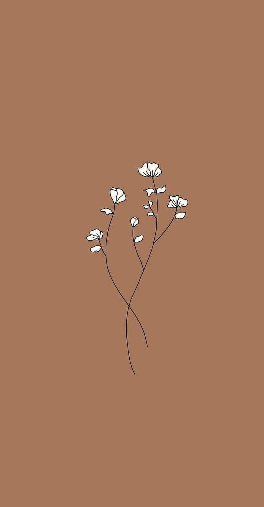 Minimalist White Flower Line Art on Warm Brown Background HD phone wallpaper