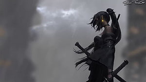 Anime Samurai Girl With Dual Swords In Rainy Misty City HD wallpaper