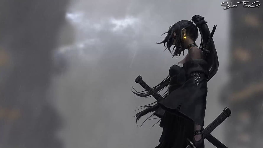 Anime Samurai Girl With Dual Swords In Rainy Misty City HD wallpaper