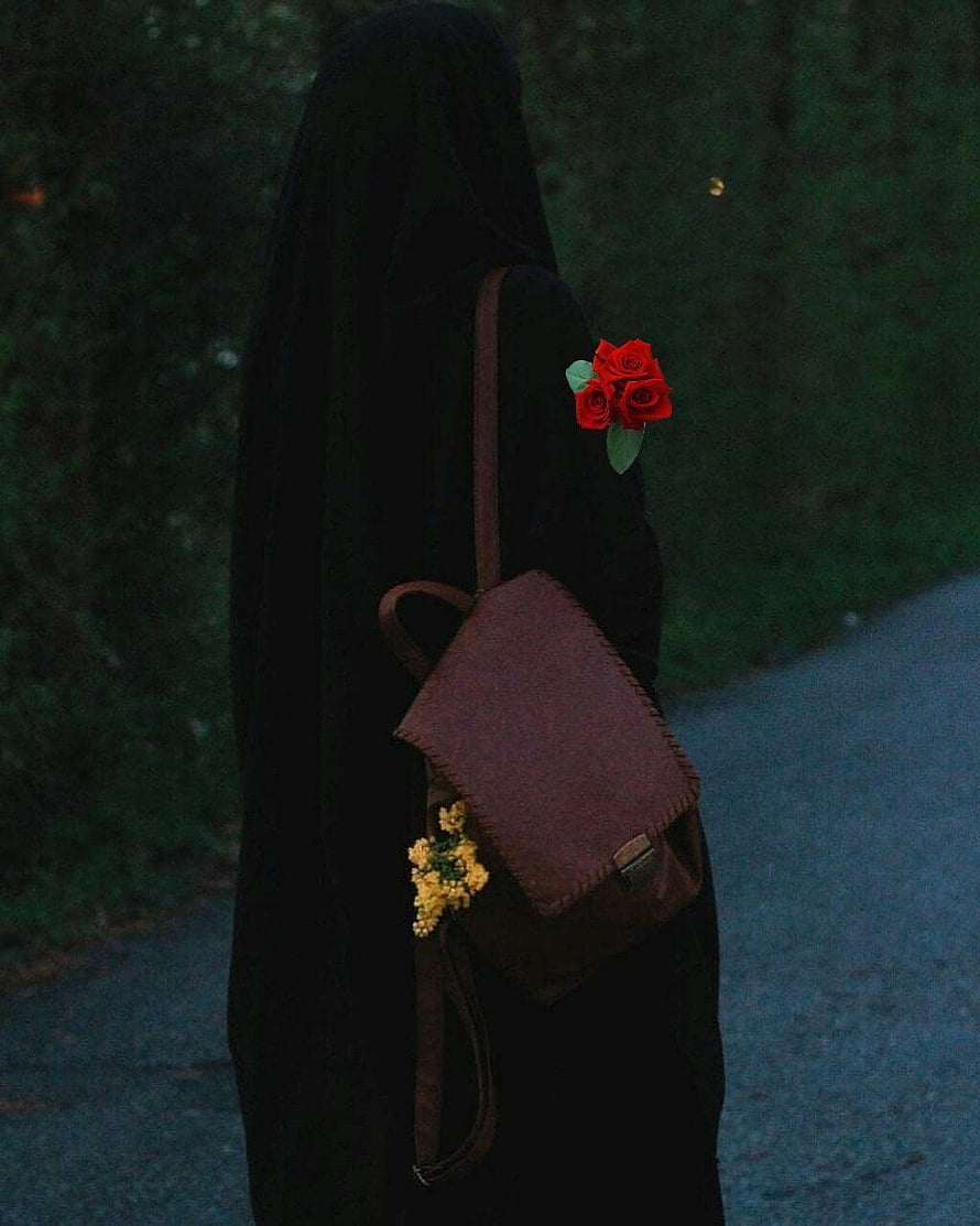 Woman in Black Hijab Carrying Leather Bag with Red Roses and Yellow Flowers HD phone wallpaper