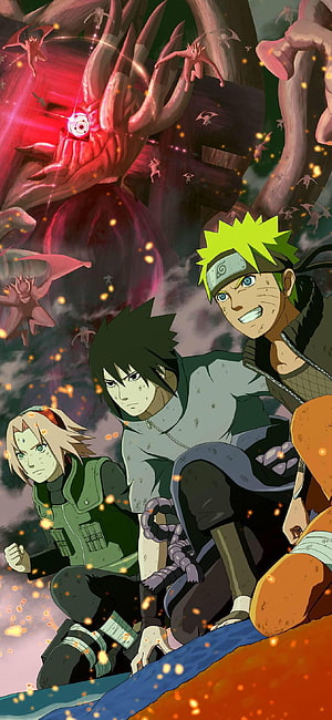 Naruto Team 7 Anime Characters Facing Giant Tailed Beast in Epic Battle Scene HD phone wallpaper