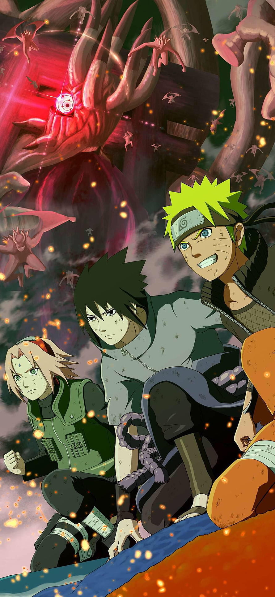 Naruto Team 7 Anime Characters Facing Giant Tailed Beast in Epic Battle Scene HD phone wallpaper