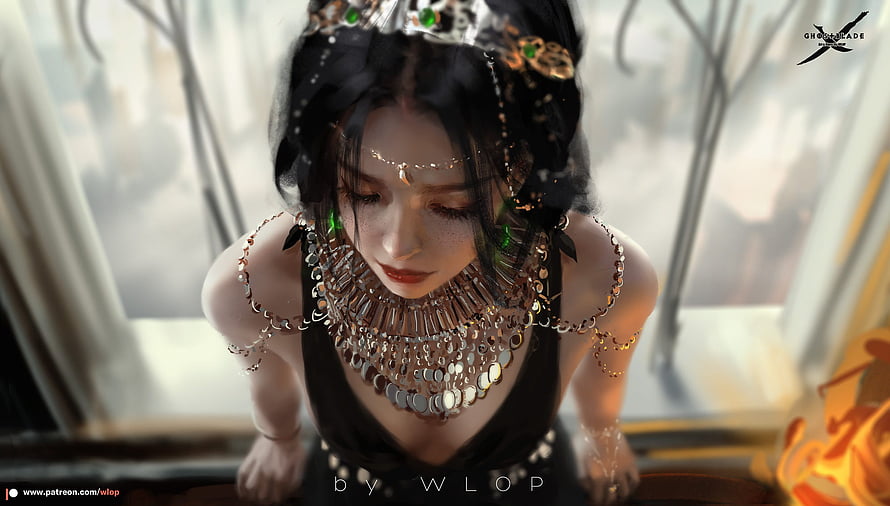 Aeolian Princess Fantasy Portrait by WLOP with Ornate Jewelry and Dark Attire HD wallpaper