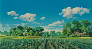 Studio Ghibli Countryside Landscape with Rice Paddy Fields and Blue Sky HD wallpaper