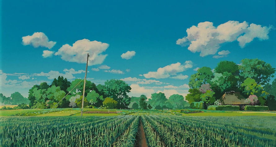 Studio Ghibli Countryside Landscape with Rice Paddy Fields and Blue Sky HD wallpaper