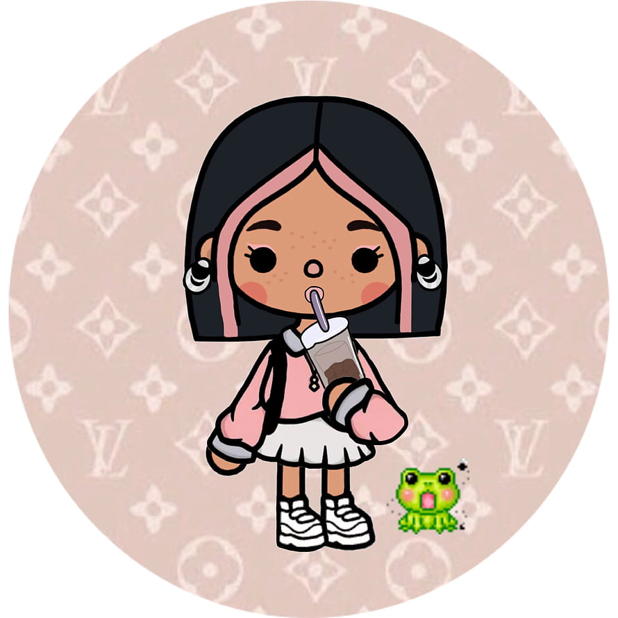 Cute Toca Boca Girl with Bob Hair and Bubble Tea on Louis Vuitton Pattern Background HD phone wallpaper