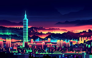 Taipei 101 Skyline in Neon Synthwave Style with Vibrant City Lights and Mountain Silhouettes HD wallpaper