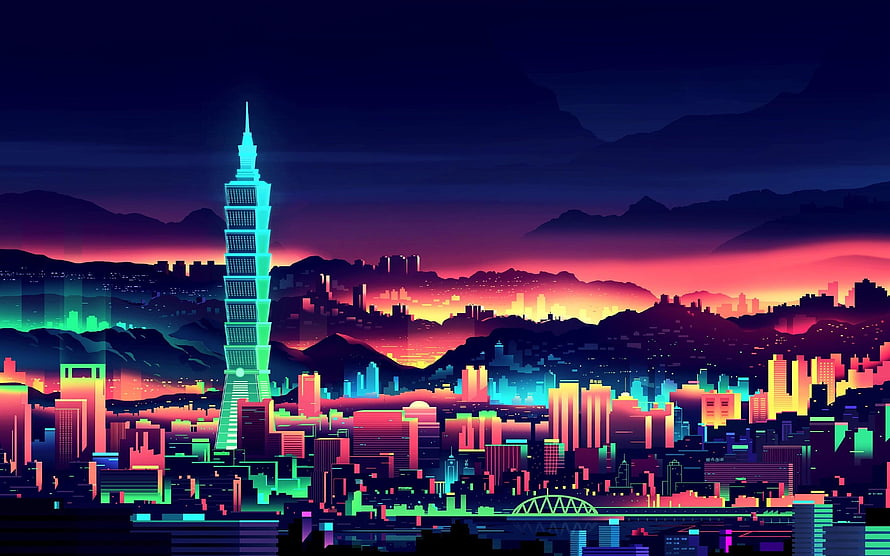 Taipei 101 Skyline in Neon Synthwave Style with Vibrant City Lights and Mountain Silhouettes HD wallpaper