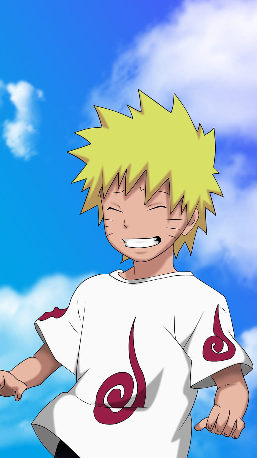 Naruto Uzumaki as a Young Boy Smiling Under a Bright Blue Sky HD phone wallpaper