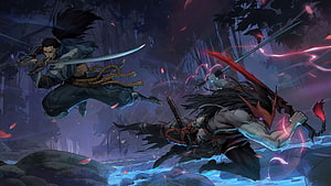 Yasuo and Yone Dueling in a Misty Forest with Swords and Energy Effects HD wallpaper