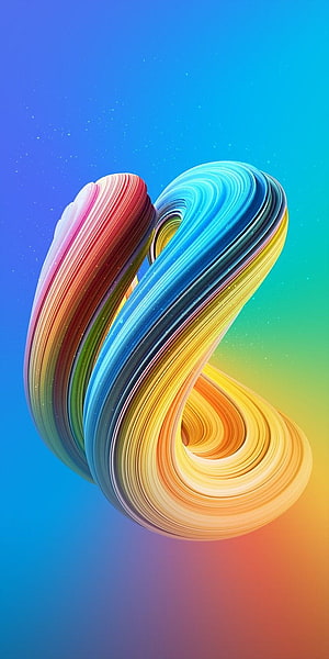 Vibrant 3D Abstract Ribbon Sculpture with Rainbow Gradient on Blue Background HD phone wallpaper