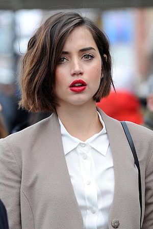 Ana De Armas in a beige blazer and white shirt with bold red lipstick HD phone wallpaper
