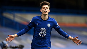 Kai Havertz in Chelsea Home Kit with Arms Outstretched on the Pitch HD wallpaper