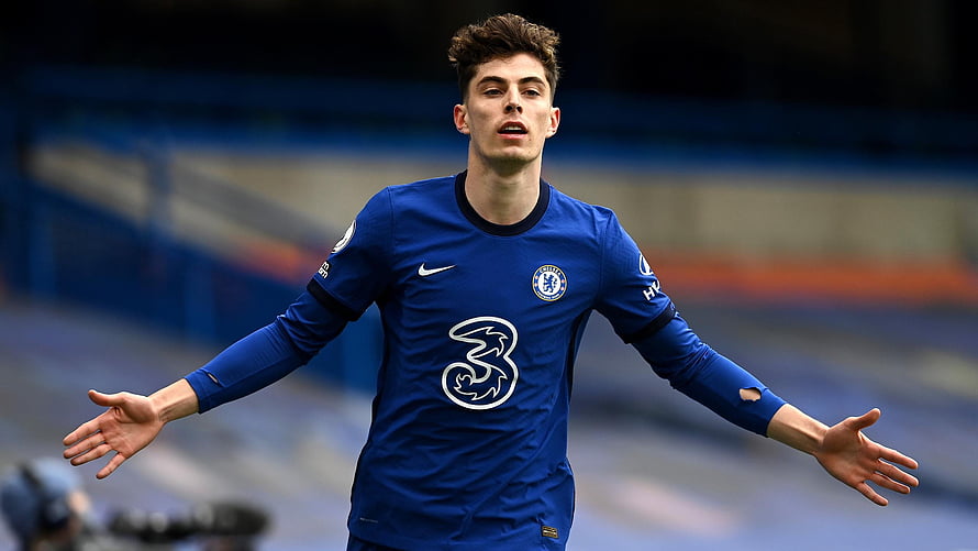 Kai Havertz in Chelsea Home Kit with Arms Outstretched on the Pitch HD wallpaper