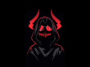 Devil Boy Shadow Hooded Demon with Glowing Red Eyes and Horns HD wallpaper