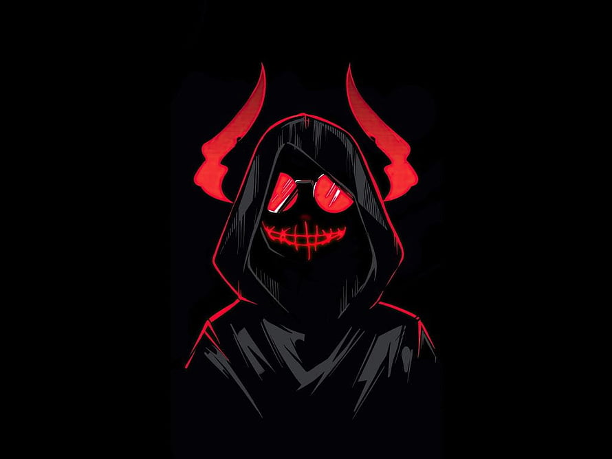 Devil Boy Shadow Hooded Demon with Glowing Red Eyes and Horns HD wallpaper