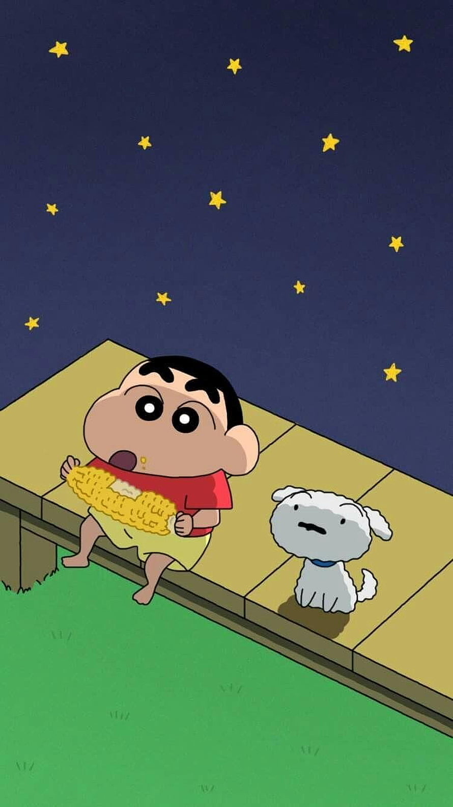 Shinchan and Shiro Enjoying Corn on a Starry Night in Crayon Shin-chan HD phone wallpaper