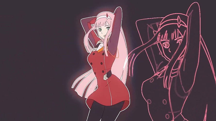 Zero Two Anime Character in Red Dress with Neon Outline Shadow HD wallpaper