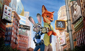 Judy Hopps and Nick Wilde in Zootopia City Street Scene HD wallpaper