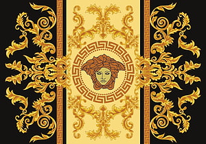 Gold Versace Medusa Head Logo with Ornate Baroque Floral Scrollwork on Black Background HD wallpaper