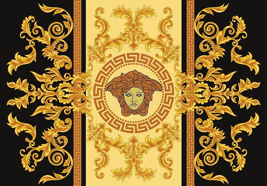 Gold Versace Medusa Head Logo with Ornate Baroque Floral Scrollwork on Black Background HD wallpaper