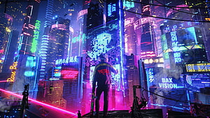 Cyberpunk Cityscape with Skateboarder and Neon Signs HD wallpaper