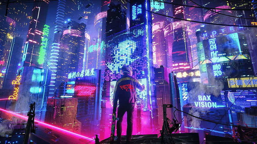 Cyberpunk Cityscape with Skateboarder and Neon Signs HD wallpaper